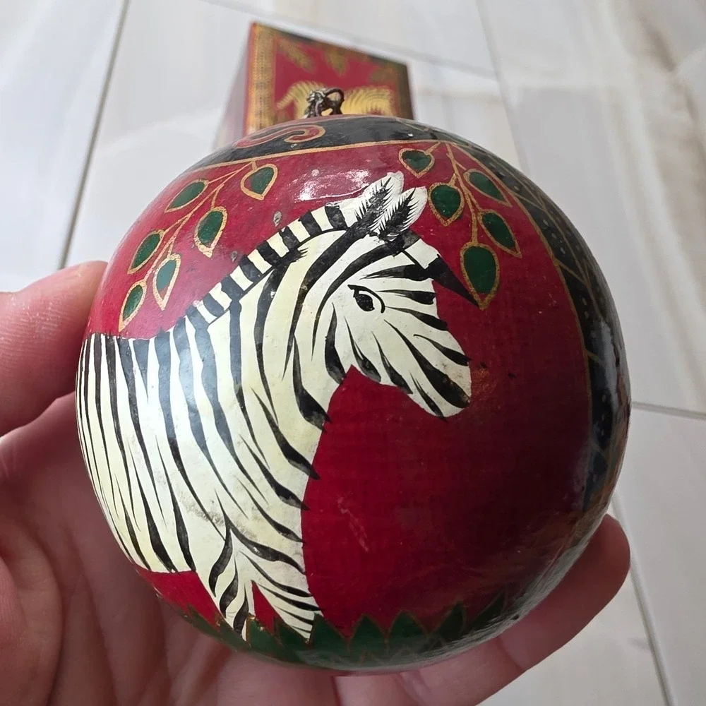 Hand Painted Zebra Wooden Trinket Box and Matching Egg‎ Ornament Set Folk Art S3
